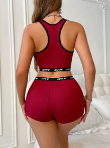 Heart Design Red Sports Top And Shorts Women Sleepwear Set