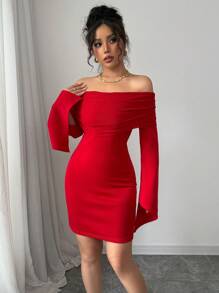 Elenzga 女式性感透明网眼露肩露肩迷你连衣裙，喇叭袖和侧开衩，红色 - 紅色 - 查看 4