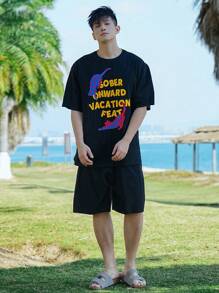 DAZY Men's Colorful Leopard & Letter Print Black T-Shirt & Shorts Set, Summer - Black - View 8