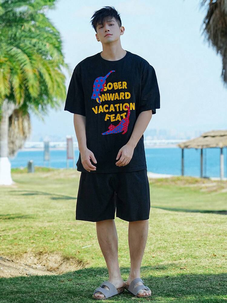 Men's Colorful Leopard & Letter Print Black T-Shirt & Shorts Set, Summer