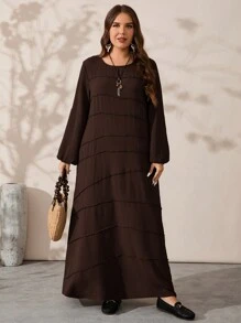 Rosumi Đầm dài tay cổ tròn trơn cỡ lớn cho nữ - Cà phê nâu - Xem 3