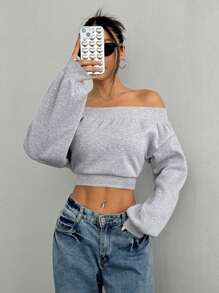Muchica Women's Off Shoulder Long Sleeve Minimalist Cropped Top, Casual Daily Wear - Light Grey - View 5