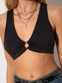 SHEIN EZwear Fashion Solid Color Ring Decor Cropped Tank Top - Black - View 1
