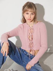 SHEIN EZwear 女士纯色前系带镂空性感修身长袖短款开衫，秋季 - 粉色 - 查看 5