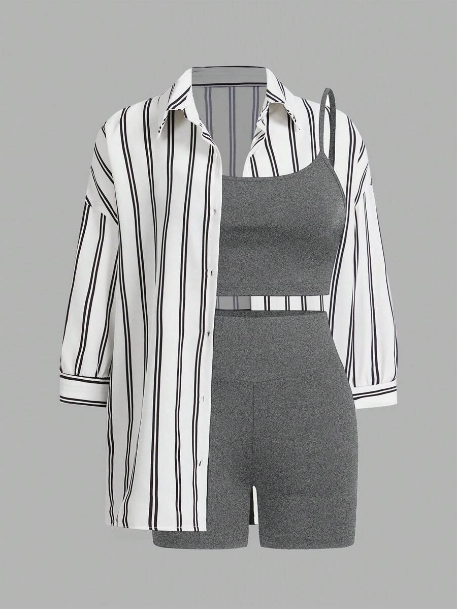 SHEIN Essnce 女式 3 件套休闲轻便运动背心、紧身短裤和衬衫，性感时尚，适合户外、骑行、网球、旅行 - 彩色 - 查看 1