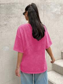 SHEIN EZwear Áo thun dệt kim rộng rãi phong cách cổ điển màu đỏ hồng cho nữ - Màu Hồng Tươi - Xem 2