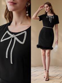 MOTF PREMIUM Vestido con detalle de lazo con strass y dobladillo de pelo - Negro - Ver 2