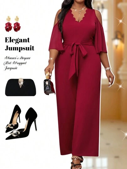 Fleurora 大码女式优雅长款红色裹身式连体裤露肩秋季婚礼宾客礼服