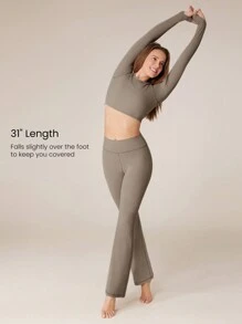 GLOWMODE 2 Pieces 31" FeatherFit™ Make A Move Activewear Long Sleeves Tee & Flare Leggings Set With Built-In Thumbholes Yoga Pilates - Khaki - View 4
