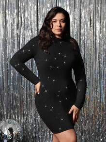 SHEIN VCAY Plus Size Women Solid Color Shiny Elegant Fitted Mini Stand Collar Dress Valentine's Day Outfits Romantic