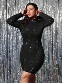 SHEIN VCAY Plus Size Women Solid Color Shiny Elegant Fitted Mini Stand Collar Dress Valentine's Day Outfits Romantic