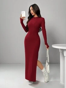 SHEIN EZwear Đầm dài xẻ tà màu trơn thanh lịch - Đỏ - Xem 4