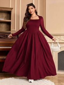 SHEIN EZwear Plus Size Women Wine Red Vintage Mesh Panel Flared Dress