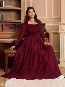 SHEIN EZwear Plus Size Women Wine Red Vintage Mesh Panel Flared Dress