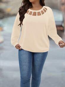 SHEIN LUNE Plus Size Autumn Casual Hollow Out Faux Pearls Decor Sweatshirt Pullover Fall - Apricot - View 3