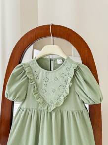 SHEIN LMoss Kids LMoss 女婴夏季可爱度假绿色荷叶边短袖连衣裙 - 綠色 - 查看 3