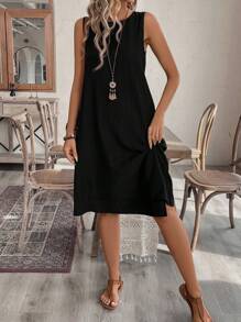 EMERY ROSE Women Sleeveless Round Neck A-Line Dress, Casual For Summer - Black - View 6