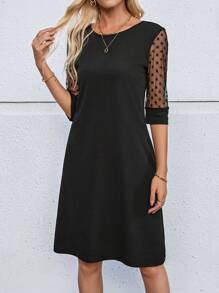 EMERY ROSE Women's Round Neck Lace Patchwork Simple Casual Short Dress - Black - View 1