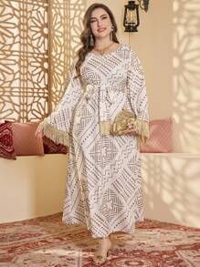 Al Najma Plus Size Women Square Neck Floral Print Tassel Decor Dress