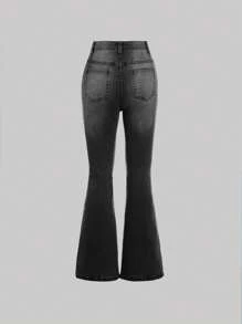 SHEIN Teens Girls' Front Button Pocket Ripped Casual Jeans, Minimalist - Black - View 2