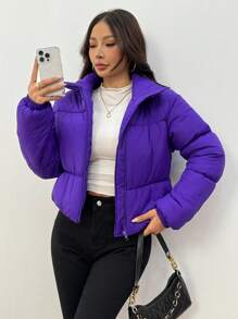 Muchica 短款立领休闲纯色冬季夹克 - 寶藍色 - 查看 6