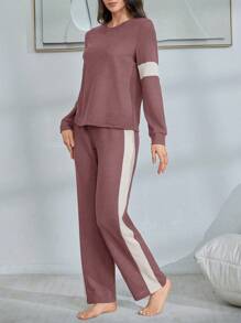 拼色休闲时尚女式套头衫长袖长裤家居服套装