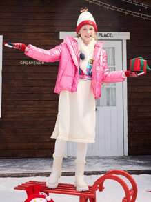 SHEIN 1 pezzo Cappotto imbottito per ragazze pre-adolescenti, con cappuccio e maniche lunghe, finitura lucida, comfort, adatto per attività all`aperto in città, uso quotidiano e andare a scuola, autunno/inverno - Rosa - Visualizzare 5