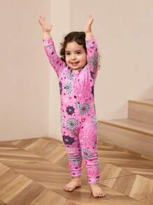 SHEIN Baby Girls' Snug Fit Coverall With Pink Background & Cool Spider Web Print, Long Sleeve, Long Length - Pink - View 5