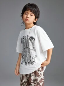 SHEIN Tween Boy Streetwear/Y2K Vintage Creative Metallic Flowing English Pattern Loose White Short-Sleeve T-Shirt, Suitable For Spring/Summer, Family Matching, Metal Letter Pattern - White - View 3