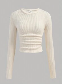 SHEIN Girlism 3 件套青少年女孩罗纹针织圆领腰部褶皱厚长袖打底 T 恤，冬季上衣，杏色、卡其色、黑色，买 1 送 2 - 彩色 - 查看 4