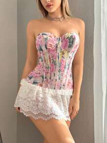 Sweetina Floral Print Lace Patchwork Tube Dress