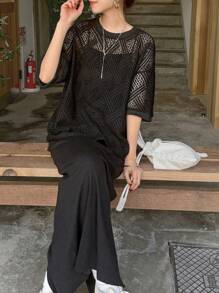 FRIFUL 女士纯色圆领镂空短袖休闲上衣 - 黑色 - 查看 4