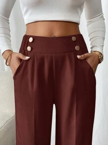 SHEIN Frenchy Quần ống đứng đơn giản thanh lịch cài hai nút cho nữ khi đi làm - Gỗ đỏ - Xem 3