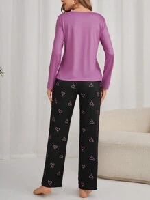 Conjunto de pijama de top de manga larga y pantalones con gráfico de corazón para mujer, ropa de otoño e invierno - Rojo violeta - Ver 3