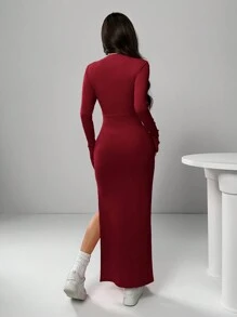 SHEIN EZwear Đầm dài xẻ tà màu trơn thanh lịch - Đỏ - Xem 2