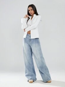 SHEIN Unity 1 件女式休闲高领长款修身拉链衬衫，白色，冬季