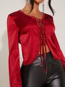 SHEIN SXY Women Lace Patchwork Bowknot Front V-Neck Solid Color Casual Blouse