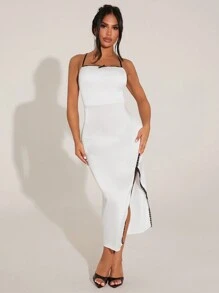 SHEIN SXY Elegant Contrast Color Lace Trim High Split Cami Dress