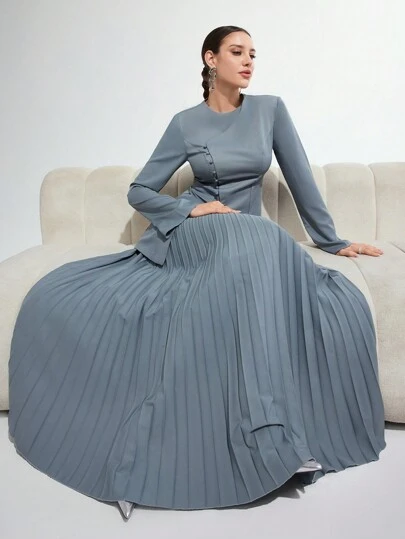 Modelyn 女士纯色长袖休闲简约阿拉伯风格服装套装