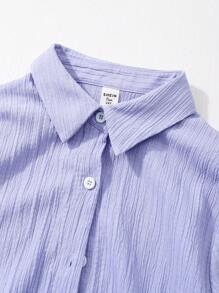 少女休闲纯色长袖衬衫、短裤和吊带套装 - 彩色 - 查看 8