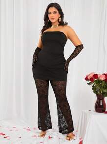 SHEIN SXY Conjunto de dos piezas de top de punto bandeau negro sexy y pantalones de encaje para mujer de talla grande, apto para uso diario, cita nocturna, cumpleaños, despedida de soltera, fiesta, baile de graduación, cita en pareja, elegante, casual, compras, ropa de calle, al aire libre, coqueto, fácil de combinar y estilizador, resalta tu figura, favorece tu silueta