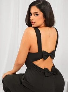 SHEIN SXY Mono negro de tiras anchas, sin espalda y decorado con lazos, para mujer talla grande, apto para uso diario, cita, cumpleaños, despedida de soltera, fiesta, baile de graduación, cita en pareja, elegante, casual, compras, uso diario, al aire libre, coqueto, fácil de combinar y estilizador, resalta tu figura, favorece tu silueta