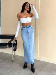 EURMUSE LOW RISE LIGHT BLUE DENIM SKIRT WITH SLIT - Light Wash - View 4