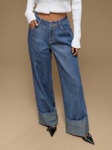 Forever 21 秋冬女士口袋宽松阔腿深蓝色水洗复古牛仔裤