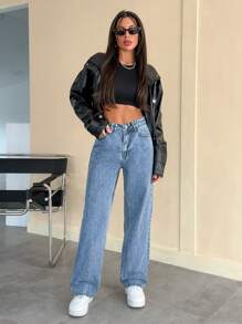 EURMUSE Casual Washed High Waisted Straight Leg Jeans - Medium Wash - View 3