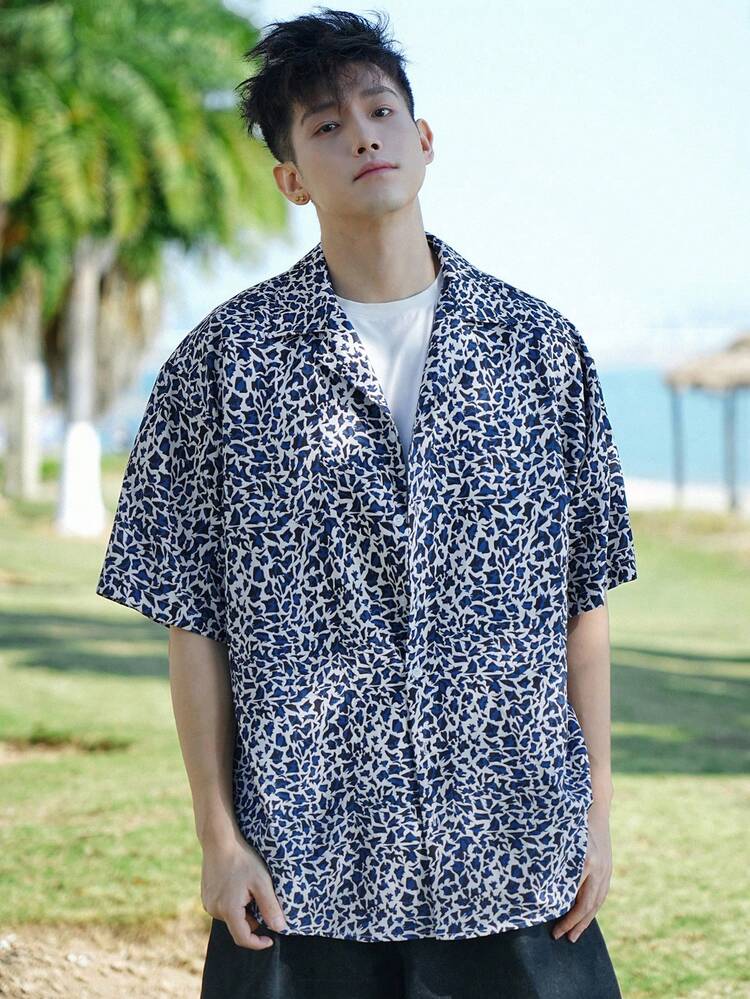 Summer Men's Leopard Print All-Over Floral Design Casual Shirt