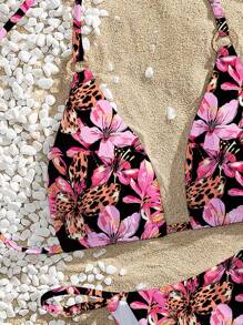 SHEIN Women 2Pcs Sexy Triangle Cup Halter Halter Asymmetric Round Ring Solid Color Spaghetti Strap Bikini Set Summer - Black - View 3