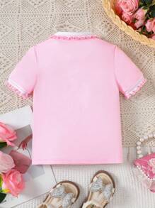 Young Girl' Ruffle Trim Polo Collar T-Shirt, Suitable For Summer - Pink - View 2