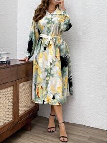 SHEIN Clasi Plus Size Front Button Long Sleeve Printed Tie Front Casual Dress - Multicolor - View 5