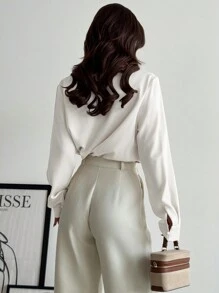 Firerie Áo sơ mi nữ tay dài màu mơ thanh lịch, tinh tế, cổ điển, đơn giản, phù hợp cho công sở, mùa xuân, hè, ngày Valentine. - trắng - Xem 3